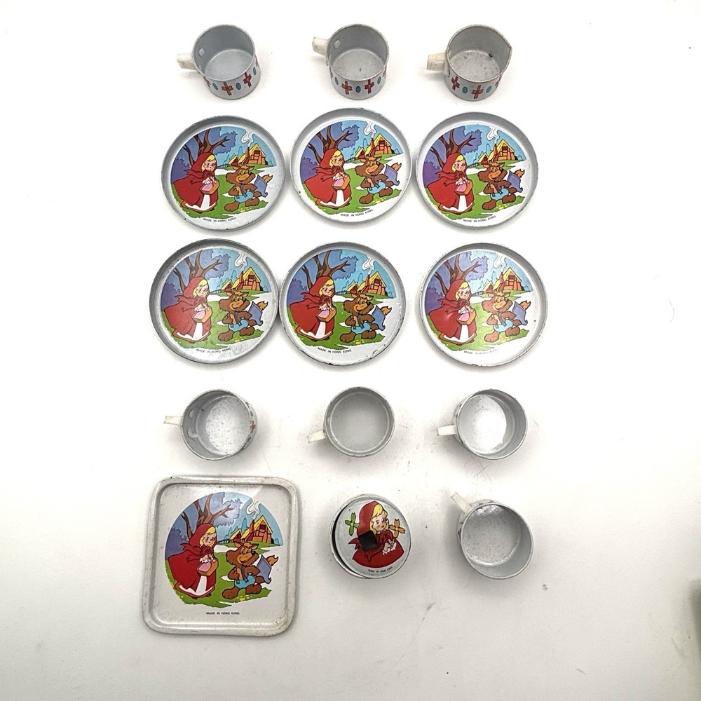 Vintage Tin Lithograph Child's Tea Set 16 Pieces Little Red Riding Hood 1950's